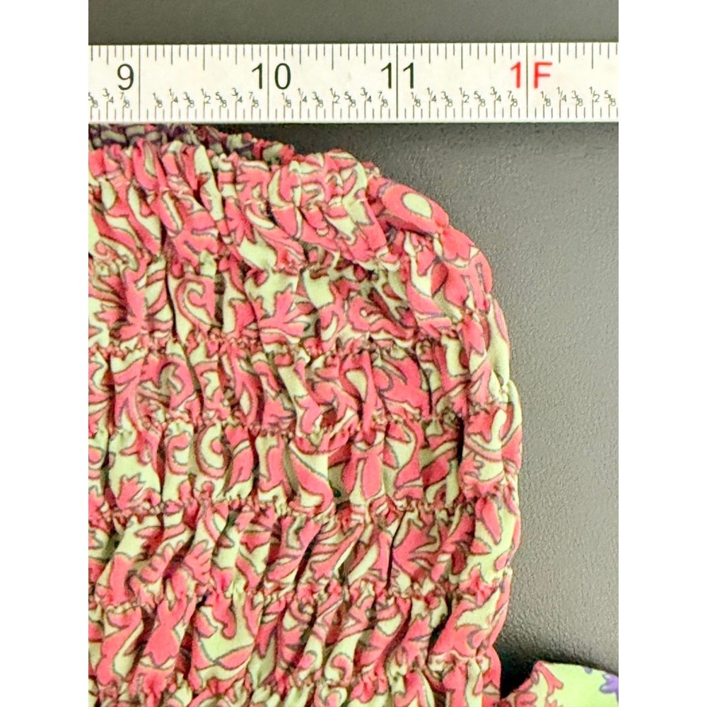 Tiered Boho Silk Blend Skirt Mini Green Paisley Smocked Festival Lettace Hem Y2k - Picture 5 of 6